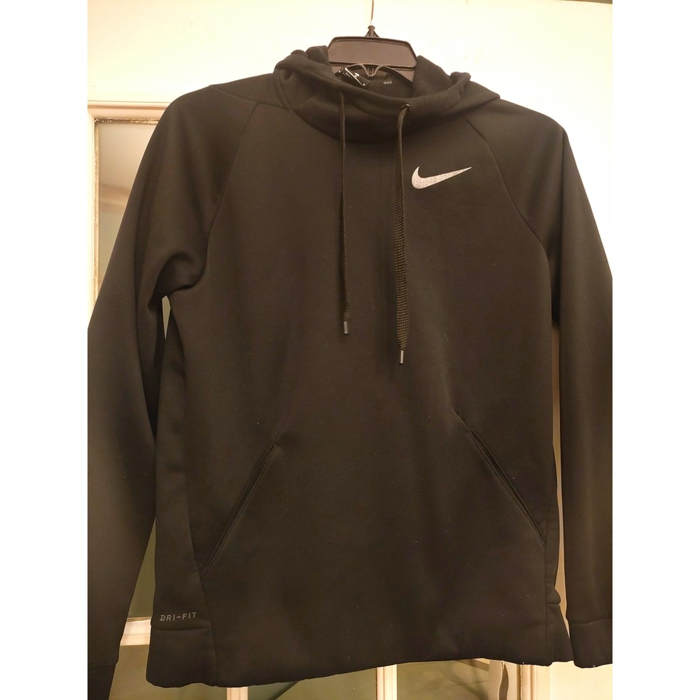 Nike Dri-FIT Womens Medium Black Pullover Hoodie Sweatshirt Swoosh Athletic Gym